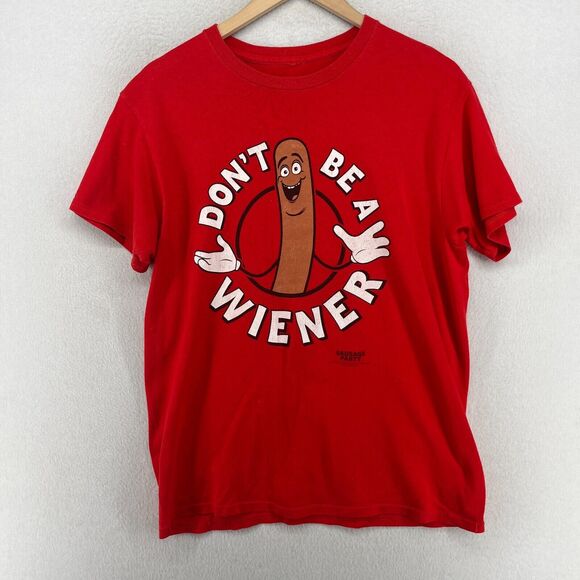 SAUSAGE PARTY Shirt Adult L DONT BE A WIENER Hotdog Happy Face Short Sleeve Red - Picture 2 of 12